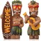 2 Pcs Welcome Tiki Statue with Surfboard Ukulele Mini Hawaiian Tiki Resin Decorations Hawaii Miniature Dashboard Doll Bar Figurines Table Centerpieces for Summer Bar Home Office Party Gifts